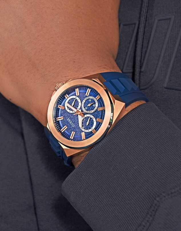 GUESS - GUESS Dashboard Rose Gold-Tone Case Blue Silicoen Strap