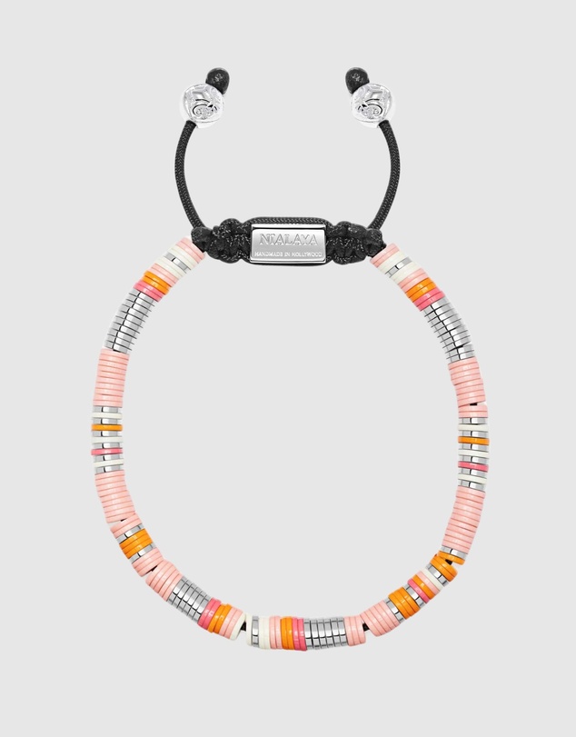 Nialaya Jewellery - Men's Beaded Bracelet with Pink and Silver Disc Beads