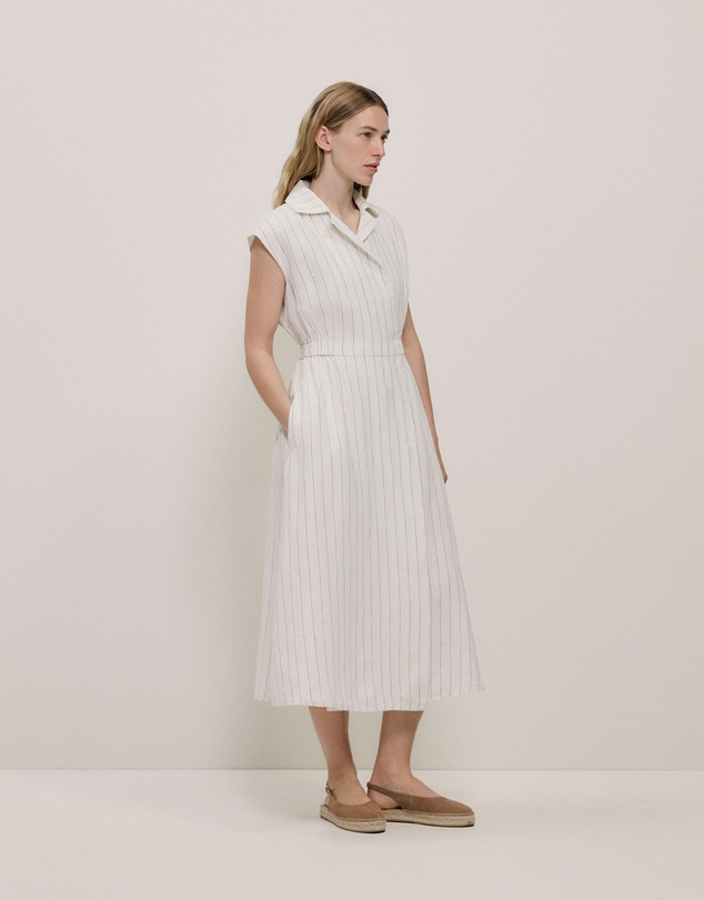 Trenery - Linen Stripe Wrap Detail Dress in Parchment