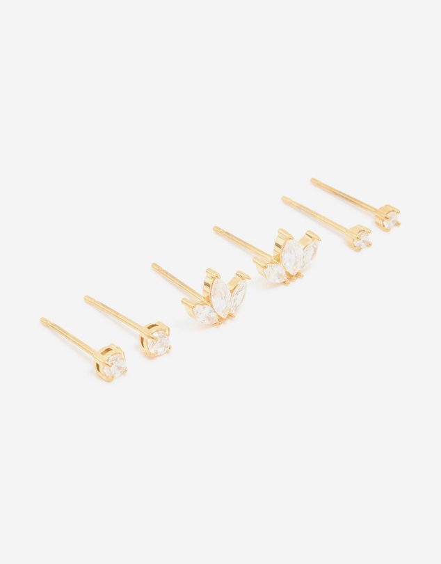 Lovisa - Waterproof Gold Plated Stainless Steel Cubic Zirconia Mixed Shaped Stud Earrings 3-Pack
