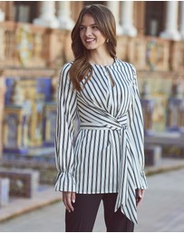 Sosandar - Ivory & Black Satin Stripe Keyhole Detail Tie Side Top