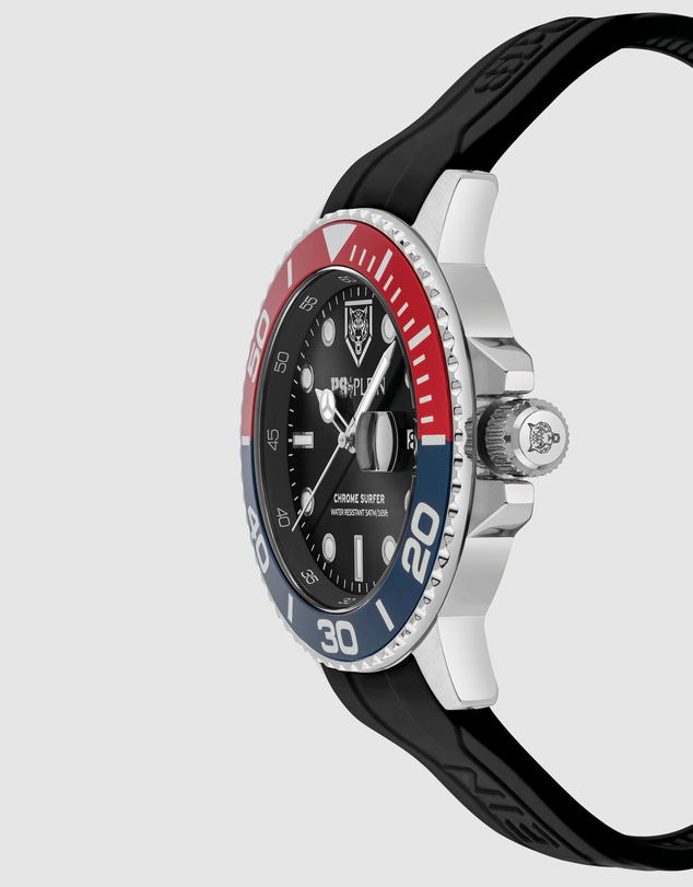 Plein Sport - Plein Sport Chrome Surfer 43mm Black Dial Black Silicone Strap Watch