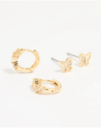 Lovisa - Gold Plated Cubic Zirconia Butterfly Huggie & Stud Earrings 2-Pack