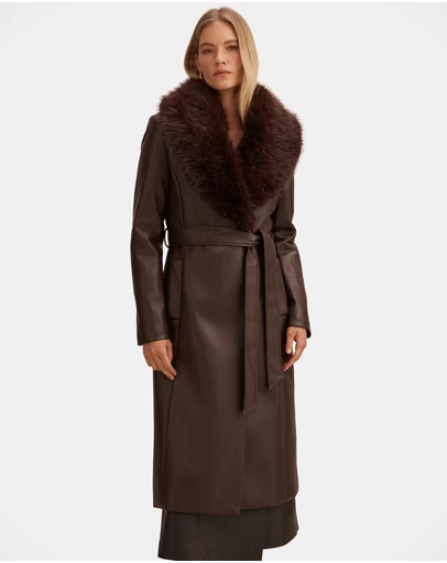 Forever New - Faith Faux Fur Collar Vegan Leather Trench Coat