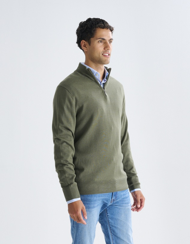 3 Wise Men - 3 Wise Men Harvey Zip Neck Merino Knit - Army Green