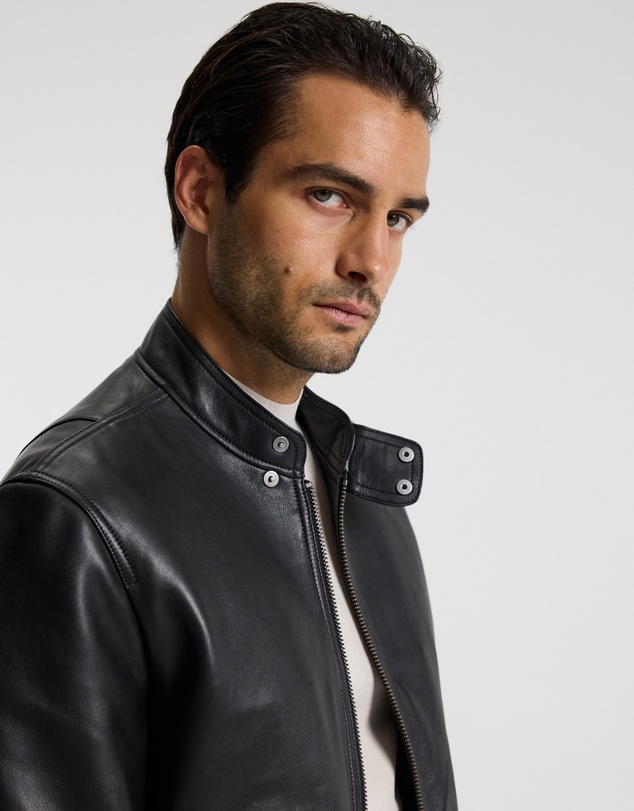 Calibre - Stand Collar Leather Bomber Jacket Black