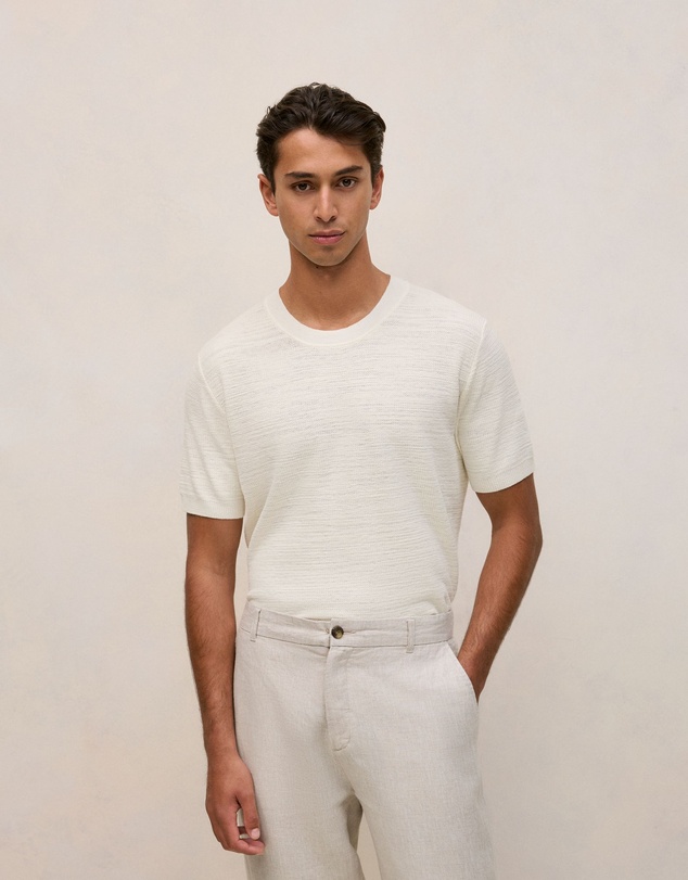Trenery - Cotton Linen Racking Stitch T-shirt in Parchment