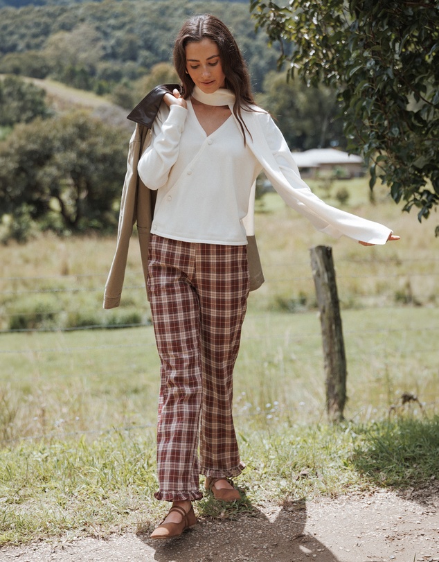 Petal & Pup - Kaelia Frill Hem Straight Pant - Burgundy Plaid
