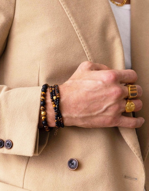 Nialaya Jewellery - Men's Gold Signet Ring with Brown Tiger Eye