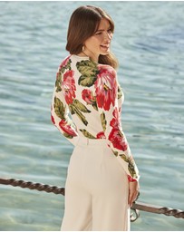 Sosandar - Cream & Pink Floral Print Jumper With Gold Buttons
