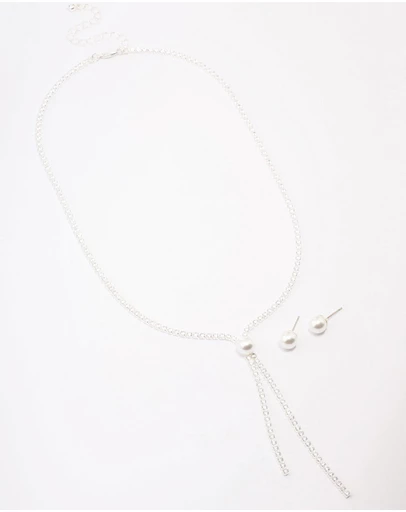Lovisa - Silver Cubic Zirconia Lariat Necklace & Earring Set