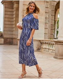 Sosandar - Swirl Print Jersey Cold Shoulder Midi Dress