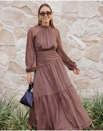 Petal & Pup - Julip Sheer Long Sleeve Maxi Dress - Brown