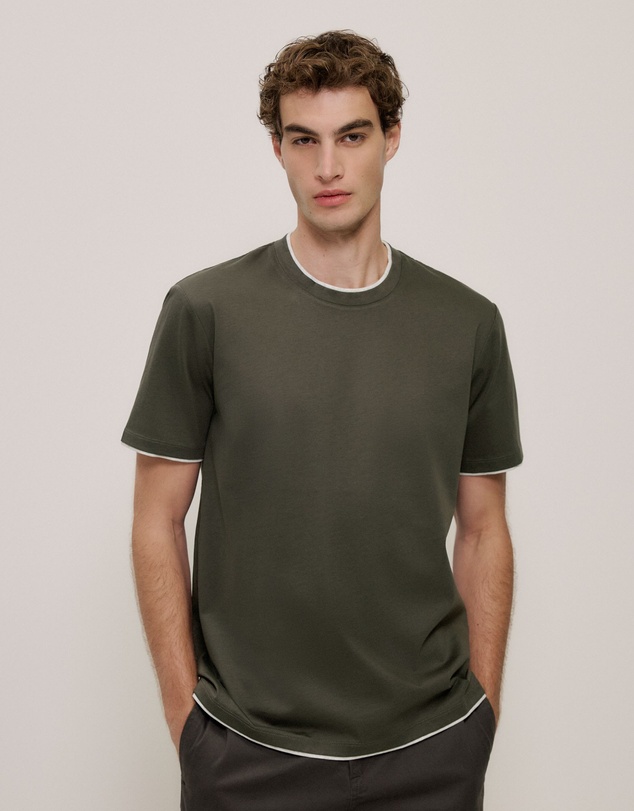 Trenery - Mercerised Cotton Layered T-shirt in Dark Olive