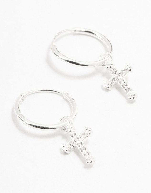 Lovisa - Sterling Silver Cubic Zirconia Cross Hoop Earrings