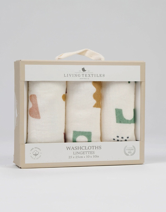 Living Textiles - 3 Pack Muslin Wash Cloths - Geo Mod