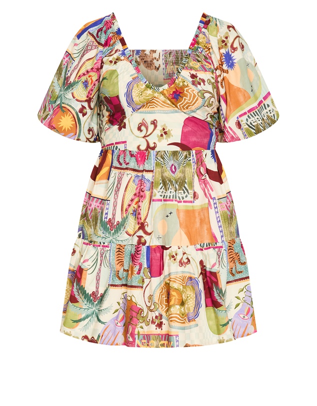 City Chic - Plus size Simona Print Puff Sleeve Mini Dress - neutral