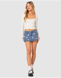 EDIKTED - Alivia Satin Bow Denim Micro Skort