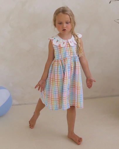 Huxbaby - Ice Cream Rainbow Check Collar Dress - Babies-Teens