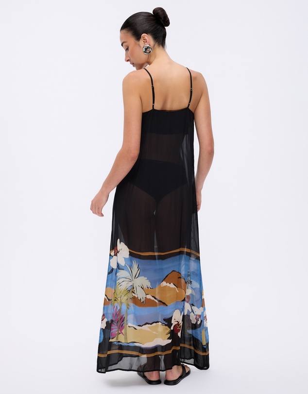 Minima Esenciales - Moonlit Palms Sheer Maxi Dress with Detachable Skirt