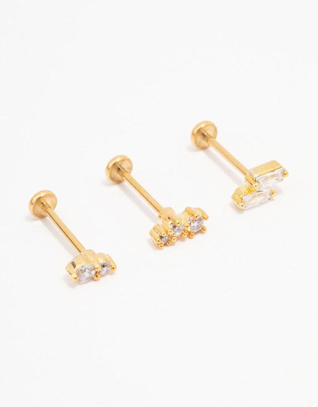 Lovisa - Gold Plated Surgical Steel Double Baguette Flat Back 3-Pack