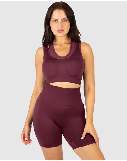 B Free Intimate Apparel - Double Racer Padded Sports Bra & High Waist Midi Biker Shorts Set