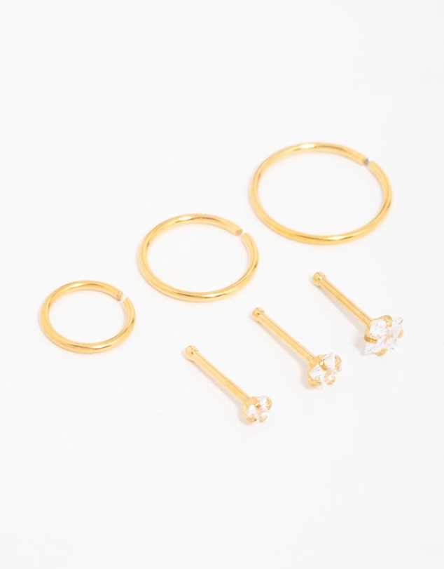Lovisa - Gold Plated Surgical Steel Cubic Zirconia Stud & Hoop Nose Piercings 6-Pack