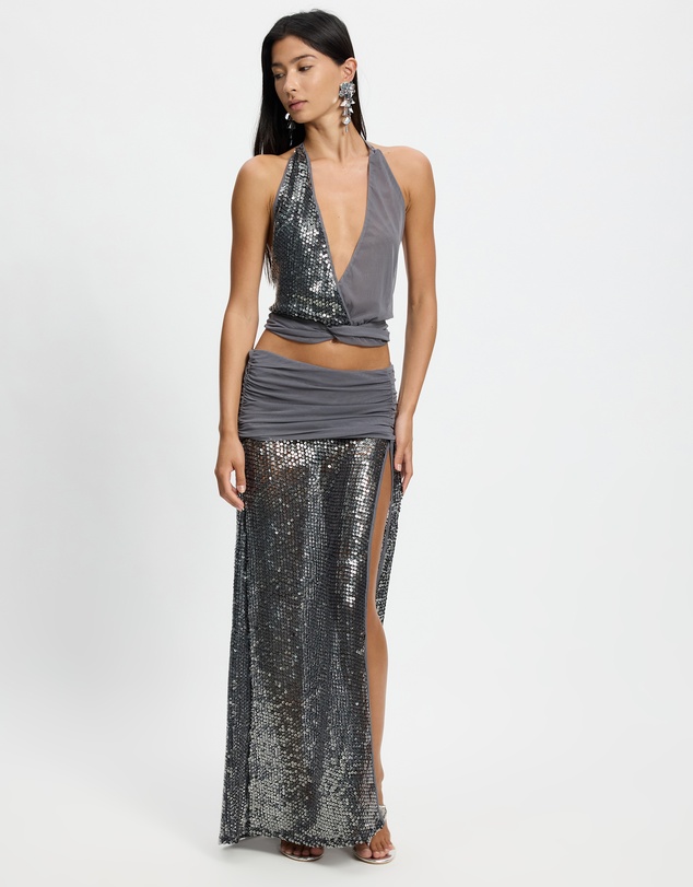 Jaded London - Sequin Mesh Maxi Skirt With Fold Over Waistband