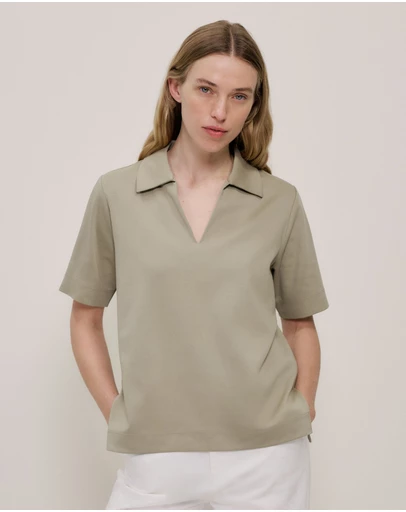 Trenery - Modal Cotton Collared T-shirt in Olive Brown