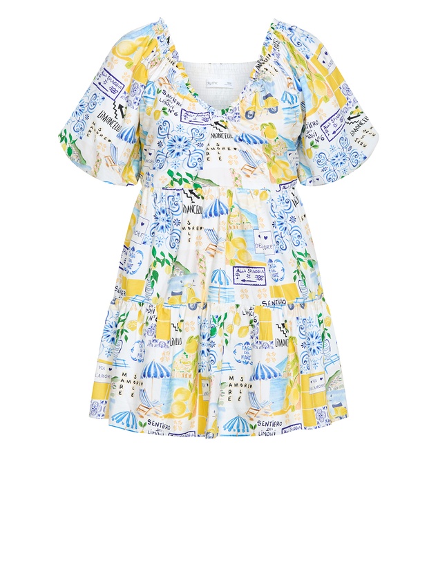 City Chic - Plus Size Fantasy Amalfi Print Puff Sleeve Mini Dress - white