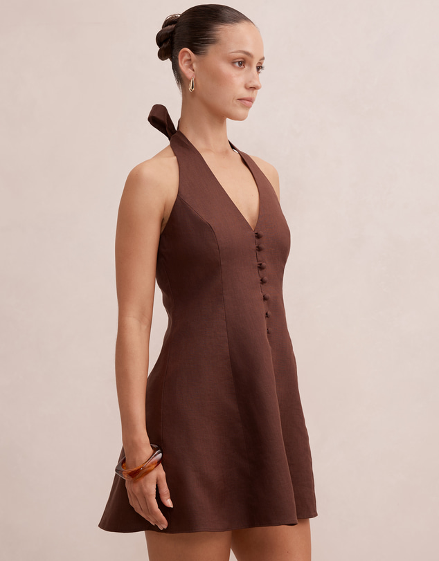 Forever New Petite - Ina Petite Halter Neck Linen Mini Dress