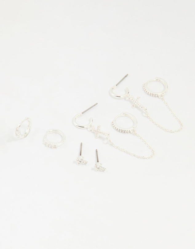 Lovisa - Silver Plated Brass Cubic Zirconia Cross Stud & Chain Earrings 4-Pack