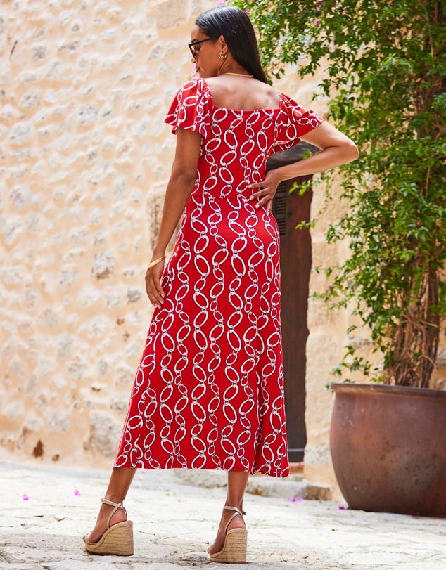 Sosandar - Chain Print Angel Sleeve Fit & Flare Midi Jersey Dress