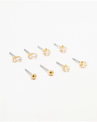 Lovisa - Gold Plated Brass Star & Marquise Cubic Zirconia Earrings 4-Pack