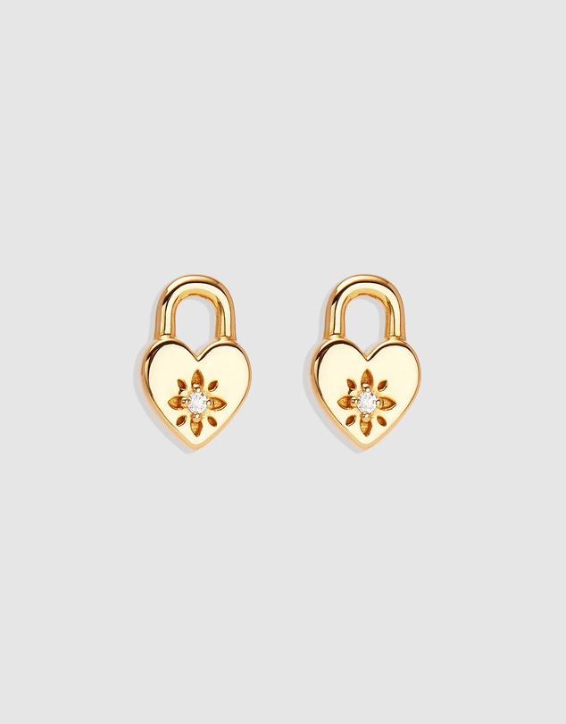 By Charlotte - Crystal Lotus Heart Padlock Stud Earrings