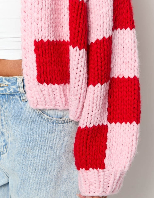 Beginning Boutique - Envi Pink And Red Checkered Knit Cardigan