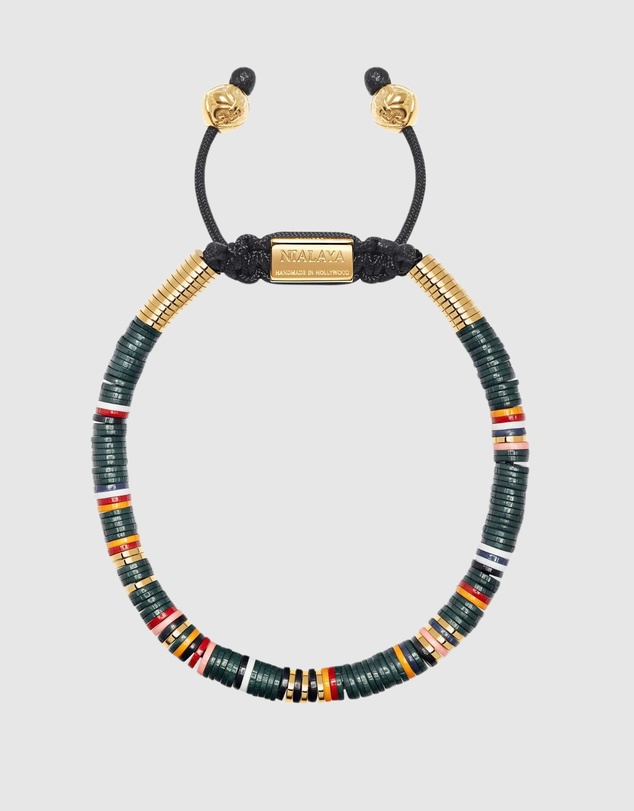 Nialaya Jewellery - Men's Beaded Bracelet with Dark Green and Gold Disc Beads