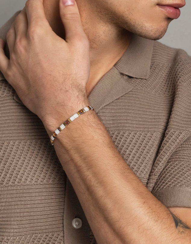 Nialaya Jewellery - Men's Bracelet With White, Marbled Amber And Gold Miyuki Tila Beads