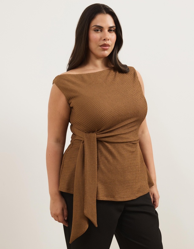 Atmos&Here Curvy - Textured Cut Sew One Shoulder Top With Waist Tie Detail