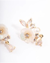 Lovisa - Gold Plated Cubic Zirconia Floral Detailed Pearl Earrings