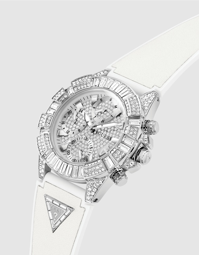 GUESS - ICONIC 40 Glamour 39mm Silver-Tone Case White Silicone Strap