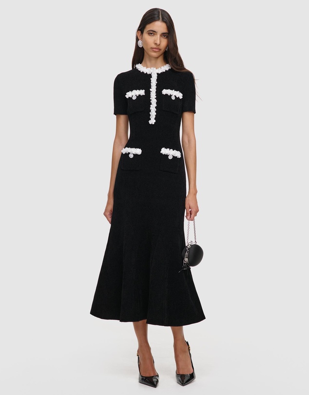 Self Portrait - Chenille Knit Flower Trim Midi Dress