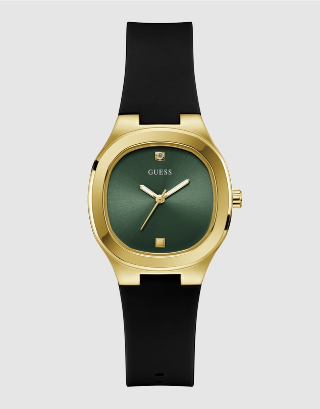 GUESS - Eve Gold-tone 32mm Green Dial Ladies Watch with Black Silicone Strap