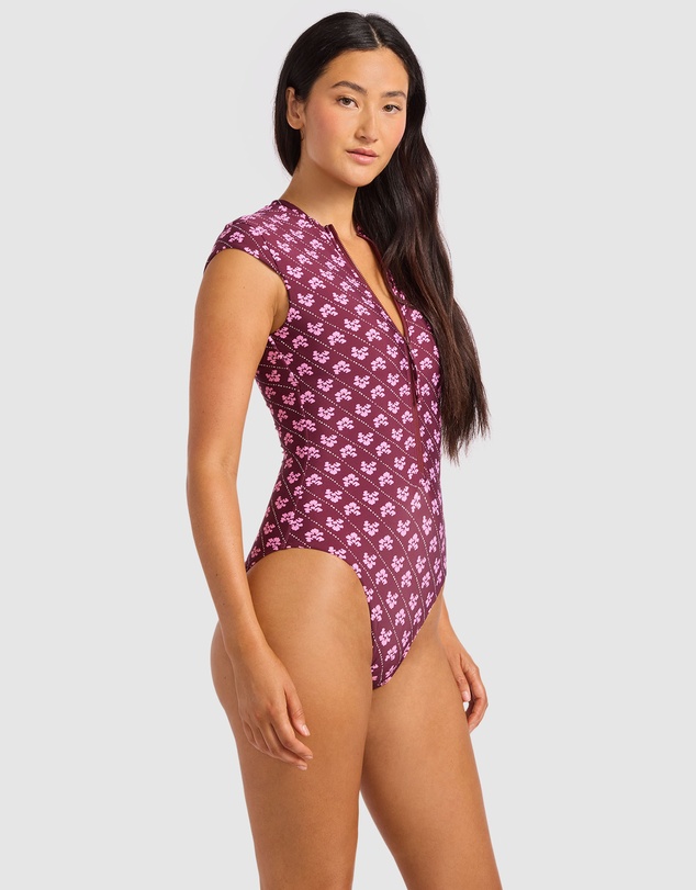 Seafolly - Batik Bloom Cap Sleeve Zip Front One Piece Swimsuit