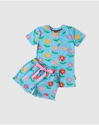 Kip&Co - Little Flowers Organic Cotton SS Tee Frill Shorts Pyjama Set - Kids-Teens