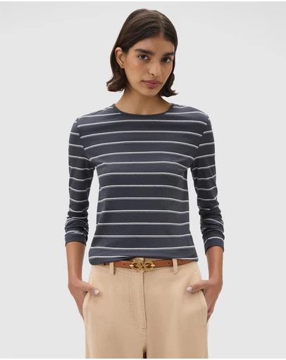 Oroton - Eve Fine Rib LS Stripe Tee