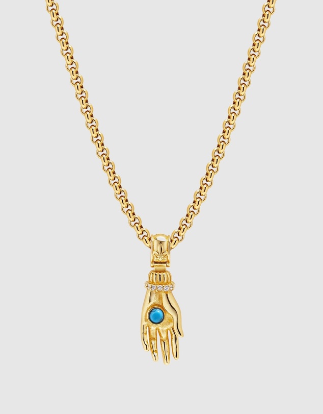 Nialaya Jewellery - Men's Hand Pendant with a Small Turquoise Gemstone in Gold