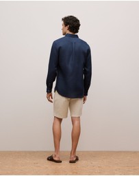 Trenery - Regular Fit Linen Classic Long Sleeve Shirt in Navy