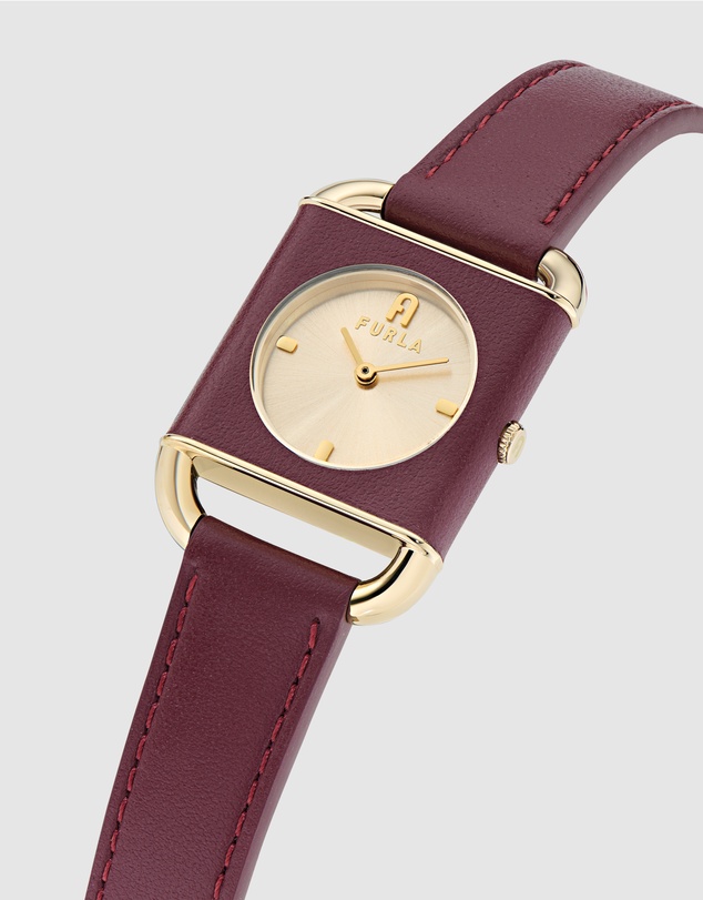 Furla - Arco Square Gold-Tone Dark Red Leather Watch