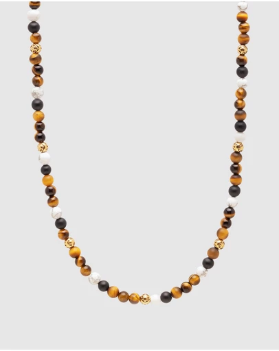 Nialaya Jewellery - Beaded Necklace with Brown Tiger Eye, Howlite, and Onyx